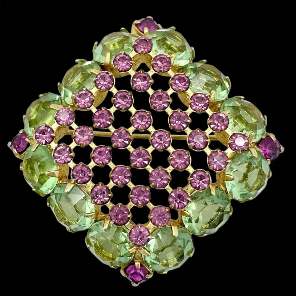 Unsigned Beauty Vintage Green & Pink Rhinestone Brooch 60s